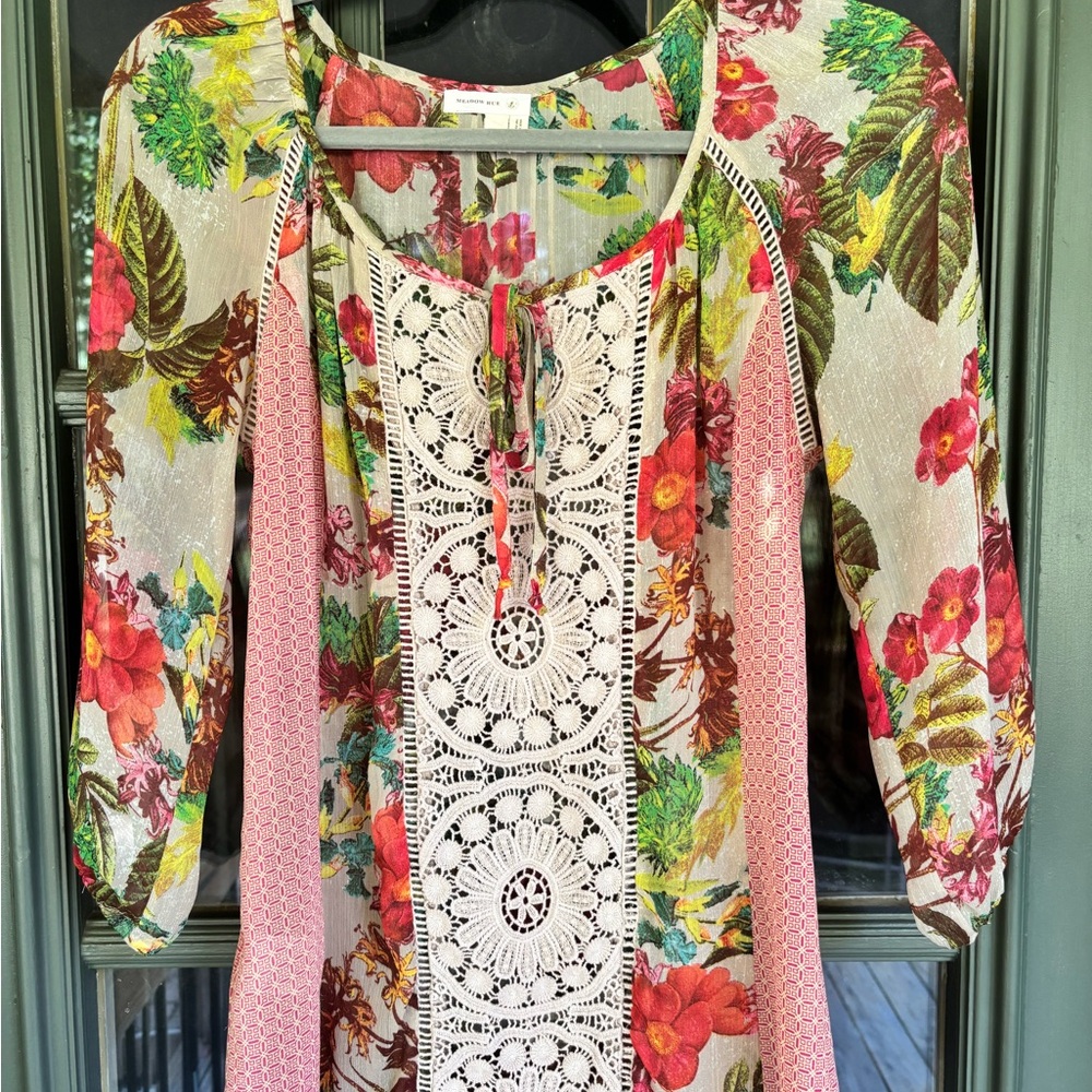 Anthropologie Meadow Rue Pink Floral Crochet-Front Peasant Top - Picture 5 of 7